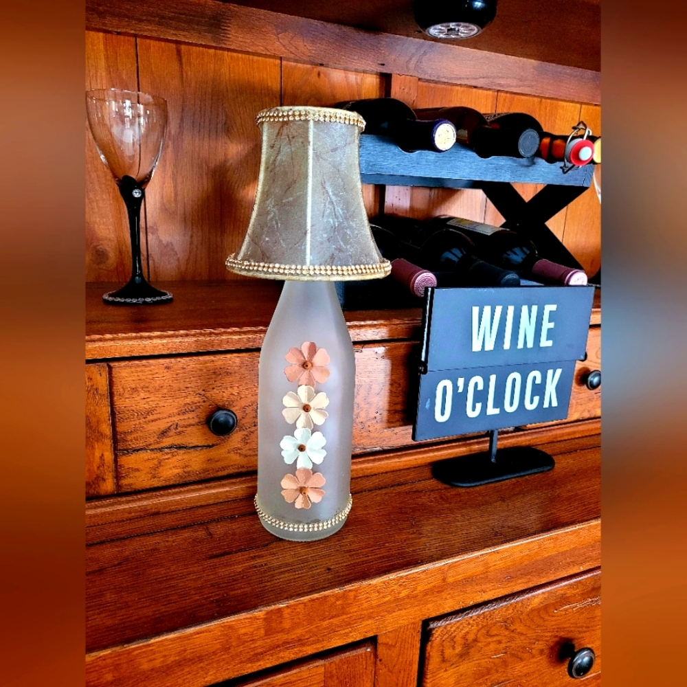 Elegant Frosted Glass Bottle Lamp with Floral Design Hand Crafted Lights Inside